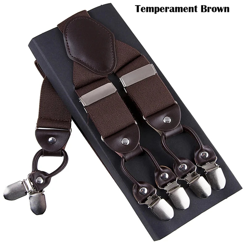 New Men'S Suspenders 6Clips Fashion Braces Leather Casual Suspensorios Adjustable Belt Strap High Quality Tirantes