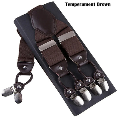 New Men'S Suspenders 6Clips Fashion Braces Leather Casual Suspensorios Adjustable Belt Strap High Quality Tirantes