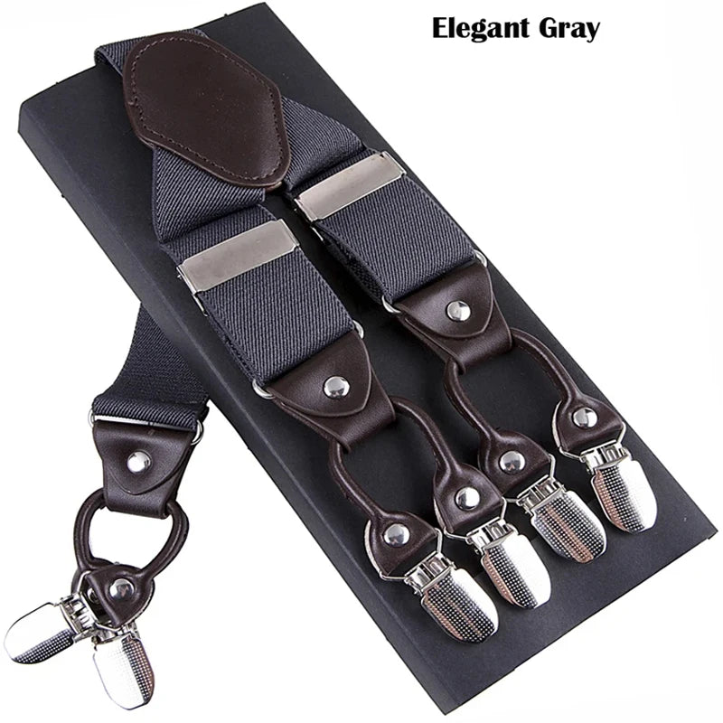 New Men'S Suspenders 6Clips Fashion Braces Leather Casual Suspensorios Adjustable Belt Strap High Quality Tirantes