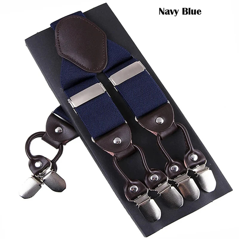New Men'S Suspenders 6Clips Fashion Braces Leather Casual Suspensorios Adjustable Belt Strap High Quality Tirantes