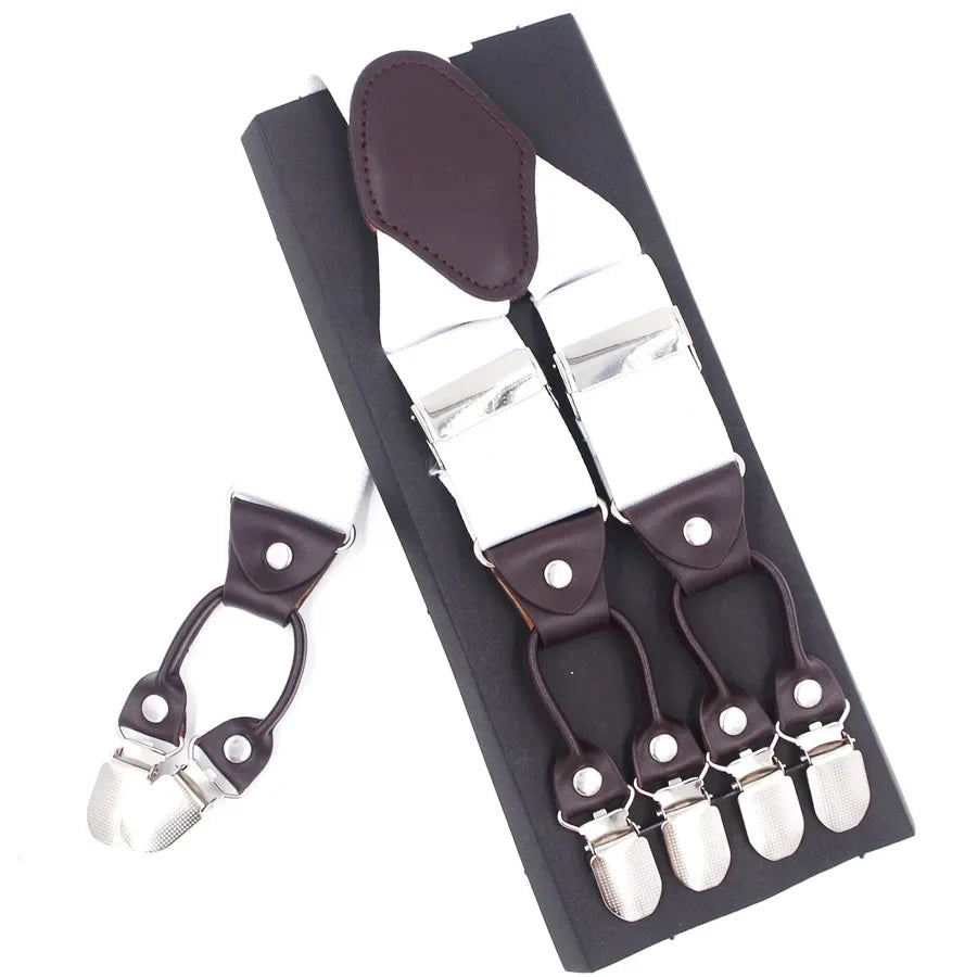 New Men'S Suspenders 6Clips Fashion Braces Leather Casual Suspensorios Adjustable Belt Strap High Quality Tirantes