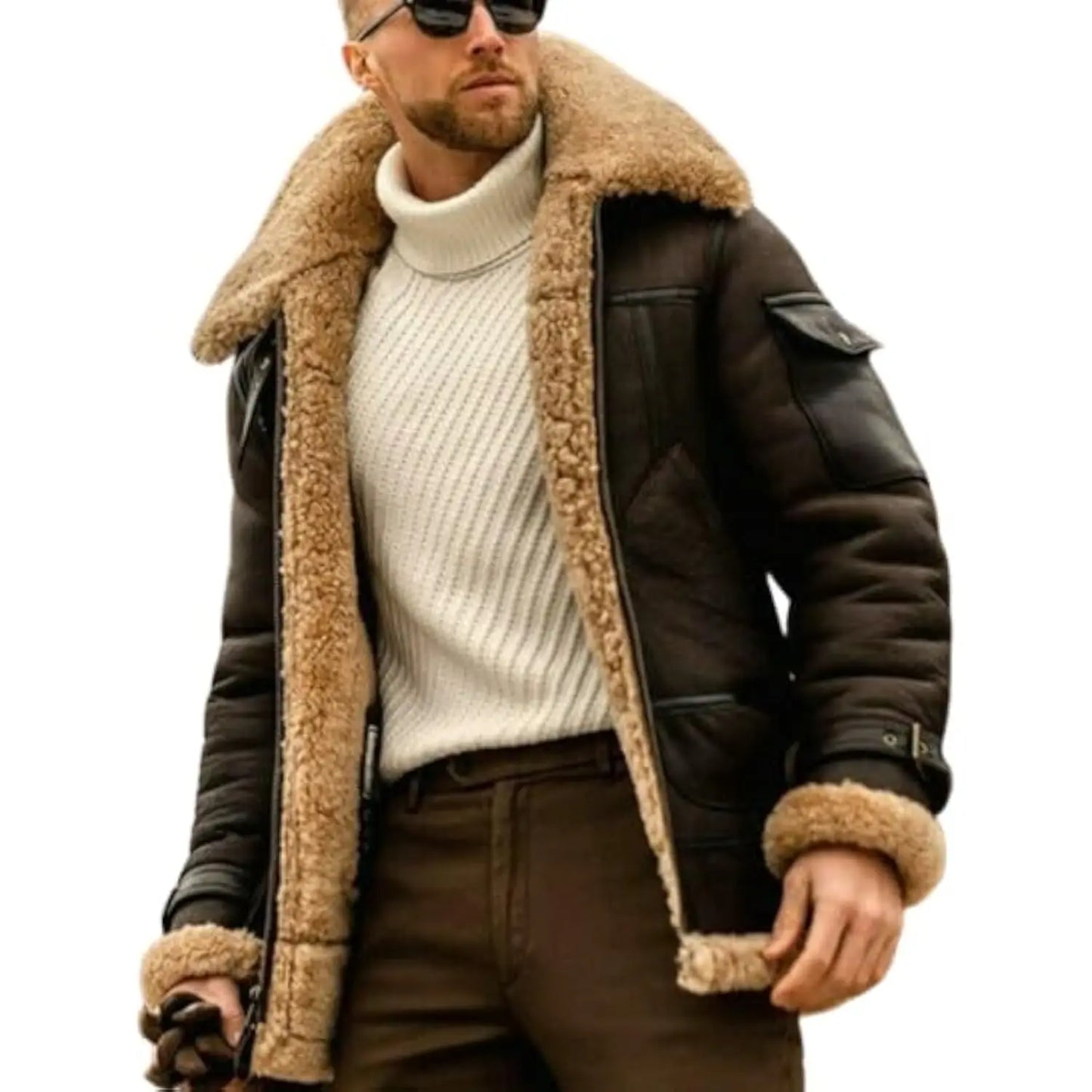 Men's Plus Size Pilot Jacket - Fleece Coat with Fur Lapel Collar and Leather Bomber Design for Winter Warmth