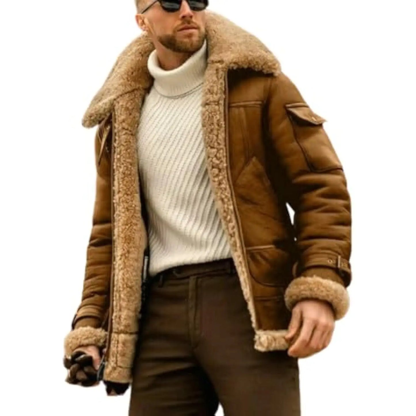 Men's Plus Size Pilot Jacket - Fleece Coat with Fur Lapel Collar and Leather Bomber Design for Winter Warmth