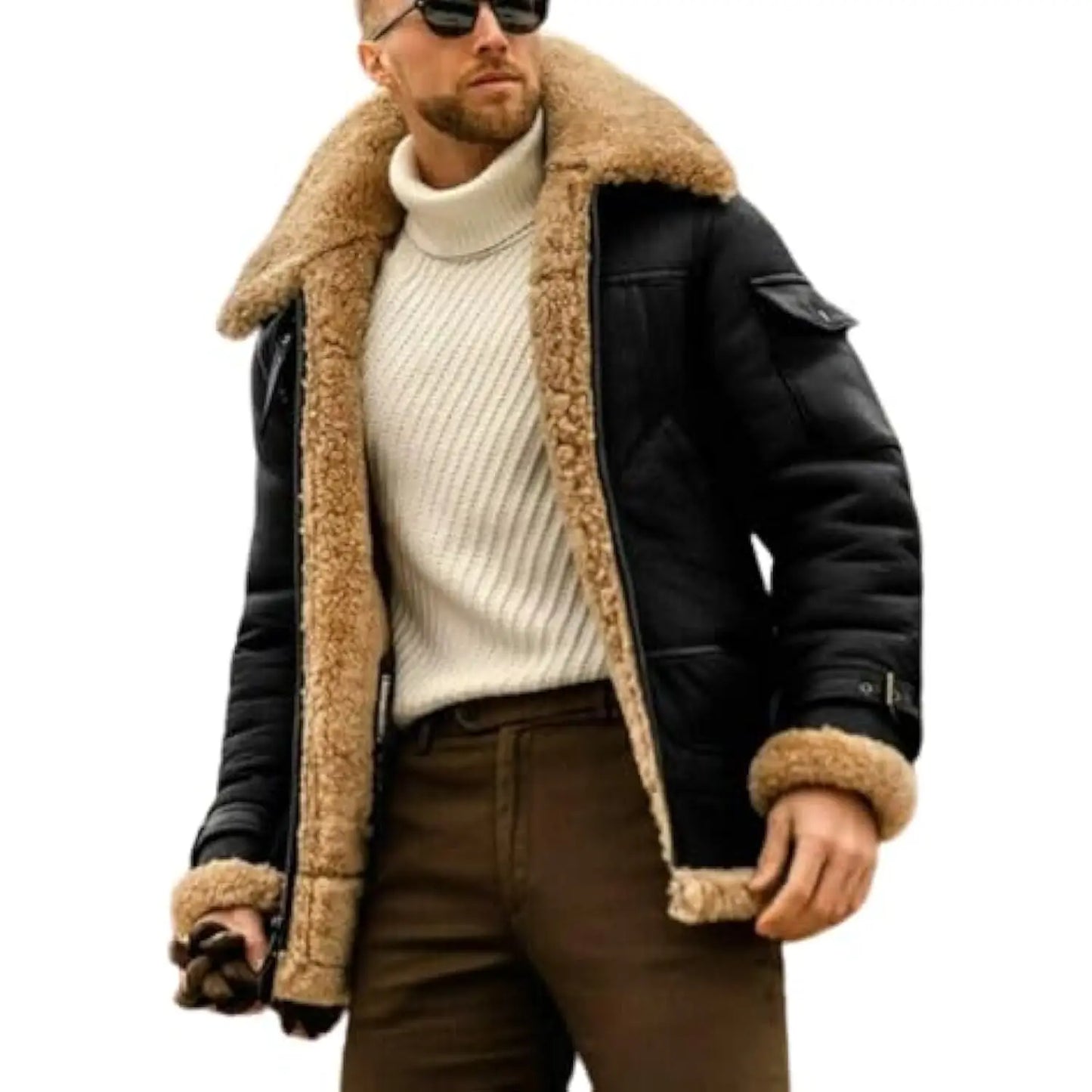 Men's Plus Size Pilot Jacket - Fleece Coat with Fur Lapel Collar and Leather Bomber Design for Winter Warmth