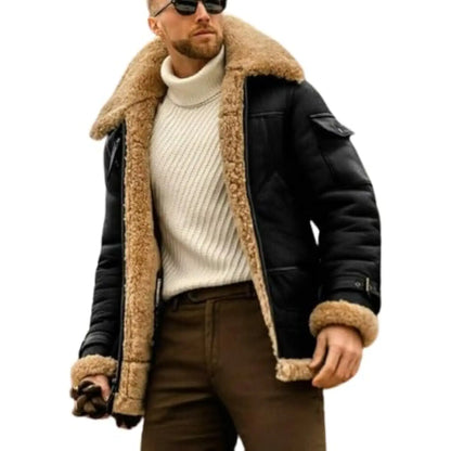 Men's Plus Size Pilot Jacket - Fleece Coat with Fur Lapel Collar and Leather Bomber Design for Winter Warmth