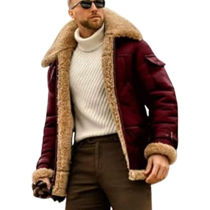 Men's Plus Size Pilot Jacket - Fleece Coat with Fur Lapel Collar and Leather Bomber Design for Winter Warmth