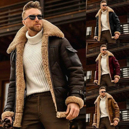 Men's Plus Size Pilot Jacket - Fleece Coat with Fur Lapel Collar and Leather Bomber Design for Winter Warmth